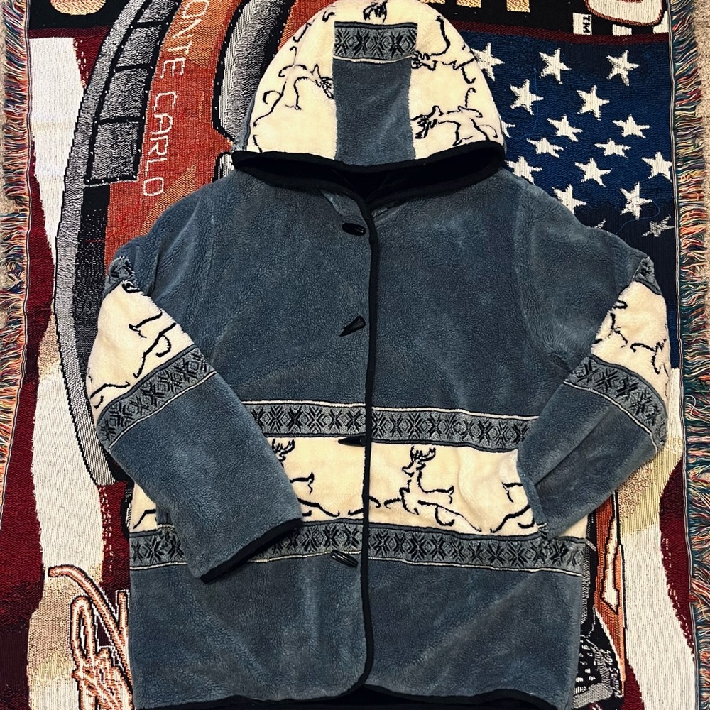Vintage Arctic Circle Reversible Deer Fleecey Hooded Duffle Jacket (L)